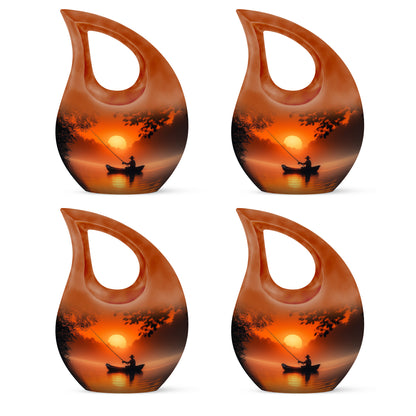 Amber Gold Fishing Cremation Urn lifestyle display on memorial shelf - sacred cross merged with fishing motif on metal - 10 inch aluminum urn for cremated remains