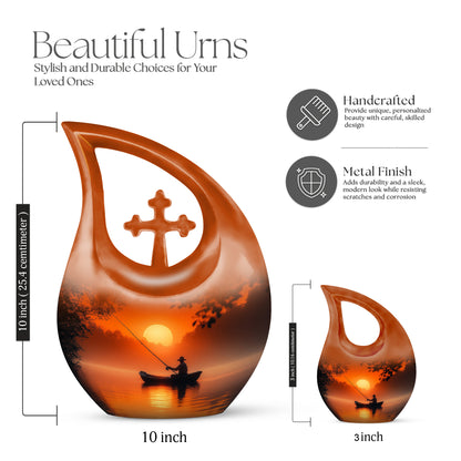 Sunrise Gold Fishing Cremation Urn back view with polished surface - cross and fishing combined in spiritual memorial design - mini keepsake memorial for portion of cremation ashes