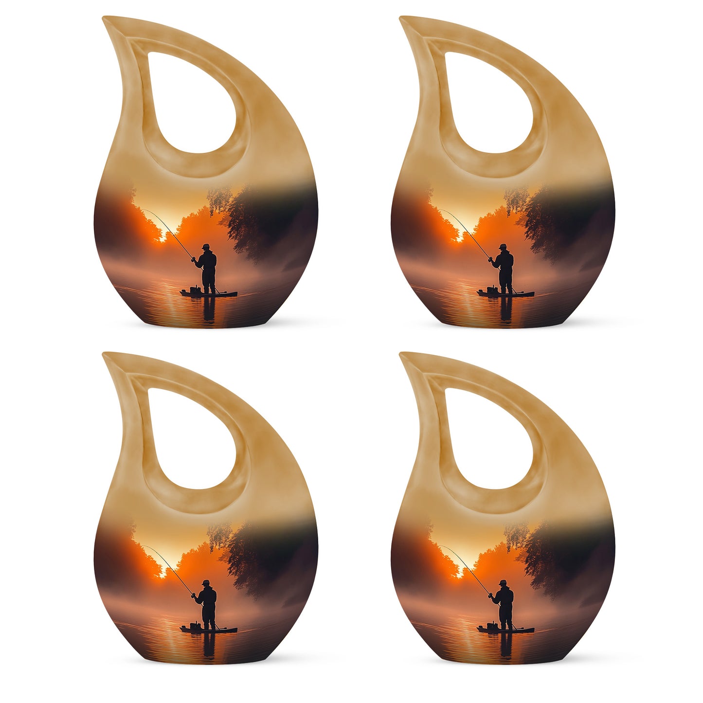 Gilded Gold Fishing Cremation Urn lifestyle display on memorial shelf - cross and fishing combined in spiritual memorial design - 10 inch aluminum urn for cremated remains