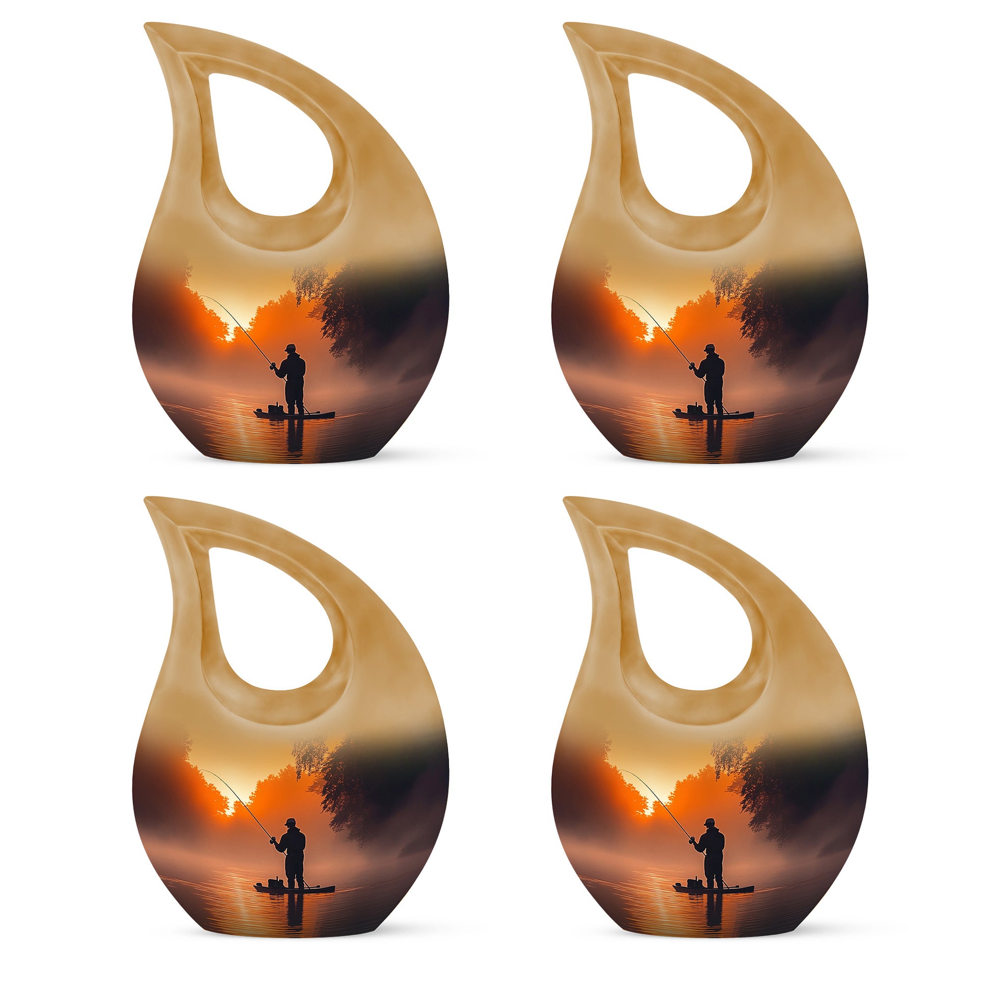 Gilded Gold Fishing Cremation Urn lifestyle display on memorial shelf - cross and fishing combined in spiritual memorial design - 10 inch aluminum urn for cremated remains