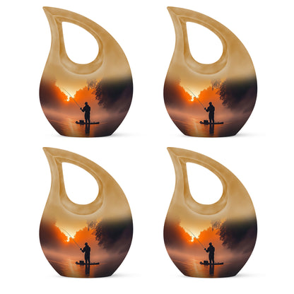 Gilded Gold Fishing Cremation Urn lifestyle display on memorial shelf - cross and fishing combined in spiritual memorial design - 10 inch aluminum urn for cremated remains