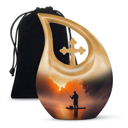 Burnished Gold Fishing Cremation Urn top-down view of secure threaded lid - faith-inspired cross-drop urn with fishing pattern - full-size 10 inch 200 cubic inch adult cremation urn