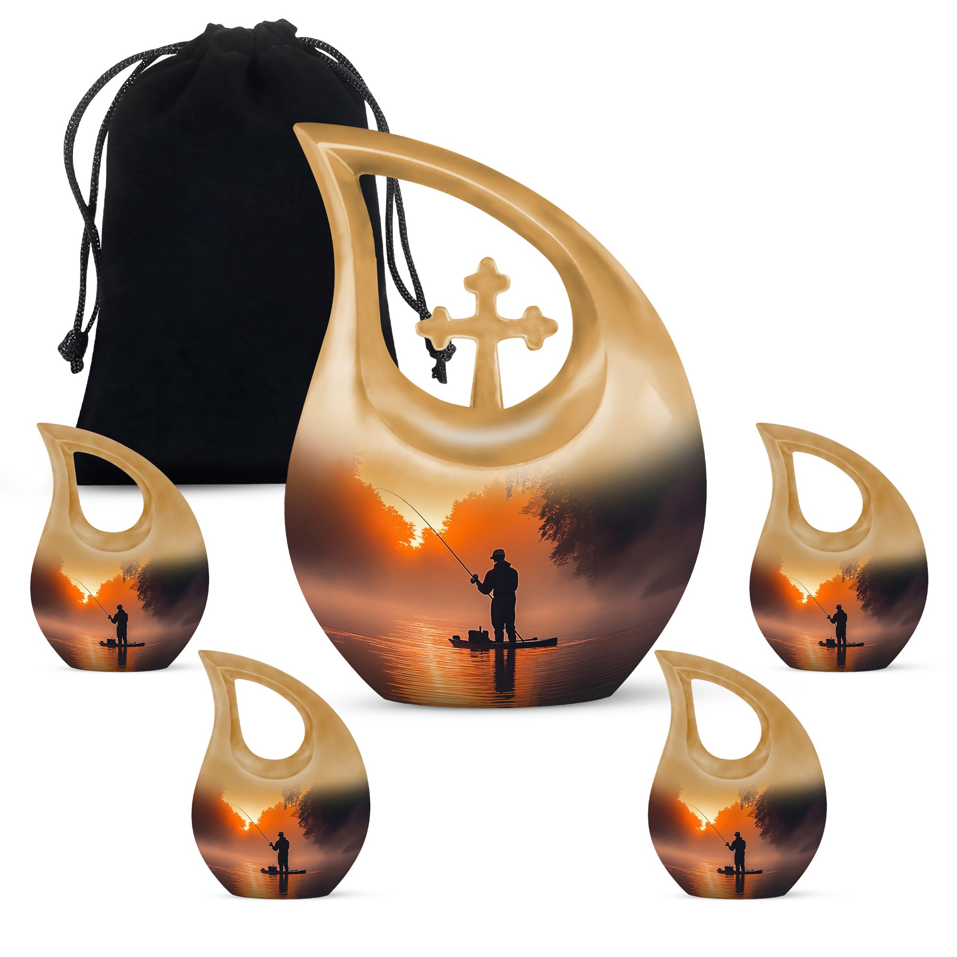 Antique Gold Fishing Cremation Urn urn with complimentary velvet bag - sacred cross merged with fishing motif on metal - memorial set with one large and four small urns