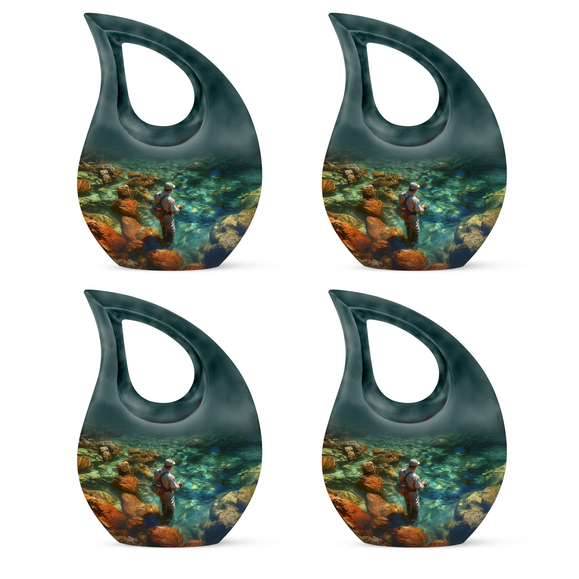Verdant Green Fishing Cremation Urn lifestyle display on memorial shelf - sacred cross merged with fishing motif on metal - 10 inch aluminum urn for cremated remains