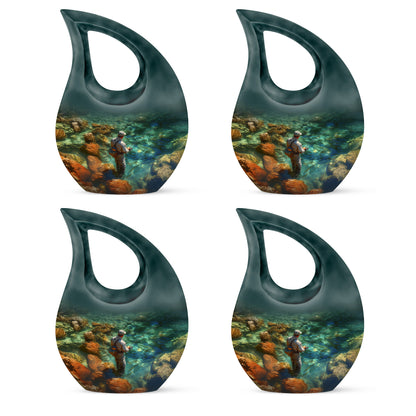 Verdant Green Fishing Cremation Urn lifestyle display on memorial shelf - sacred cross merged with fishing motif on metal - 10 inch aluminum urn for cremated remains