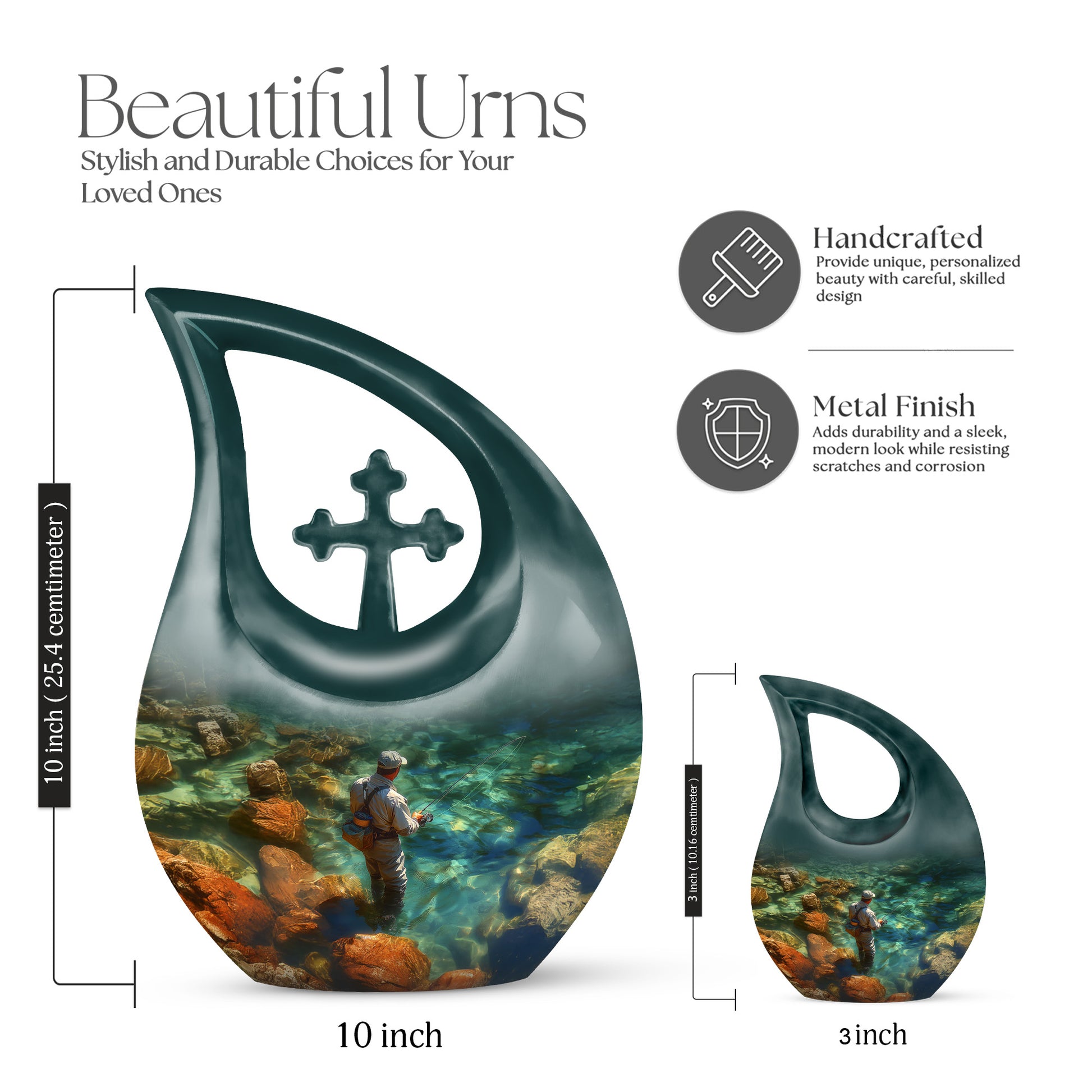 Pine Green Fishing Cremation Urn back view with polished surface - faith-inspired cross-drop urn with fishing pattern - mini keepsake memorial for portion of cremation ashes