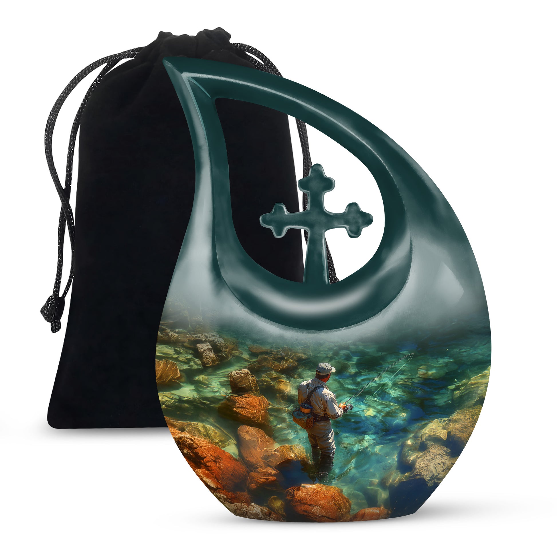 Jade Green Fishing Cremation Urn top-down view of secure threaded lid - cross and fishing combined in spiritual memorial design - full-size 10 inch 200 cubic inch adult cremation urn
