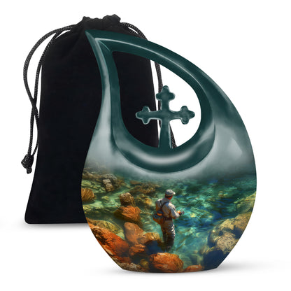 Jade Green Fishing Cremation Urn top-down view of secure threaded lid - cross and fishing combined in spiritual memorial design - full-size 10 inch 200 cubic inch adult cremation urn