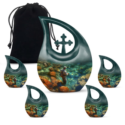 Olive Green Fishing Cremation Urn urn with complimentary velvet bag - faith-inspired cross-drop urn with fishing pattern - memorial set with one large and four small urns