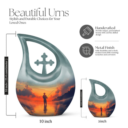 Ocean Teal Fishing Cremation Urn back view with polished surface - cross and fishing combined in spiritual memorial design - mini keepsake memorial for portion of cremation ashes