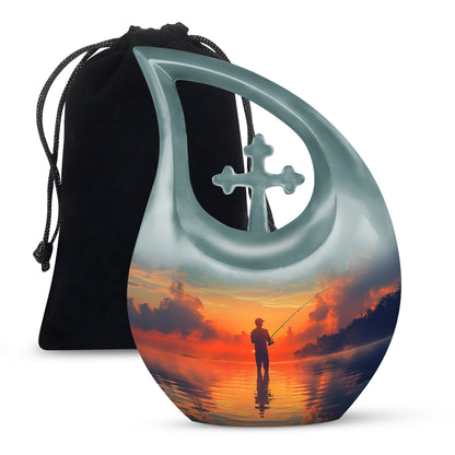 Vivid Teal Fishing Cremation Urn top-down view of secure threaded lid - devotional cross-drop fishing engraving - full-size 10 inch 200 cubic inch adult cremation urn