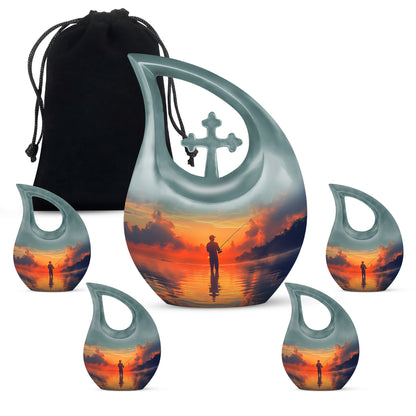 Jewel Teal Fishing Cremation Urn urn with complimentary velvet bag - sacred cross merged with fishing motif on metal - memorial set with one large and four small urns