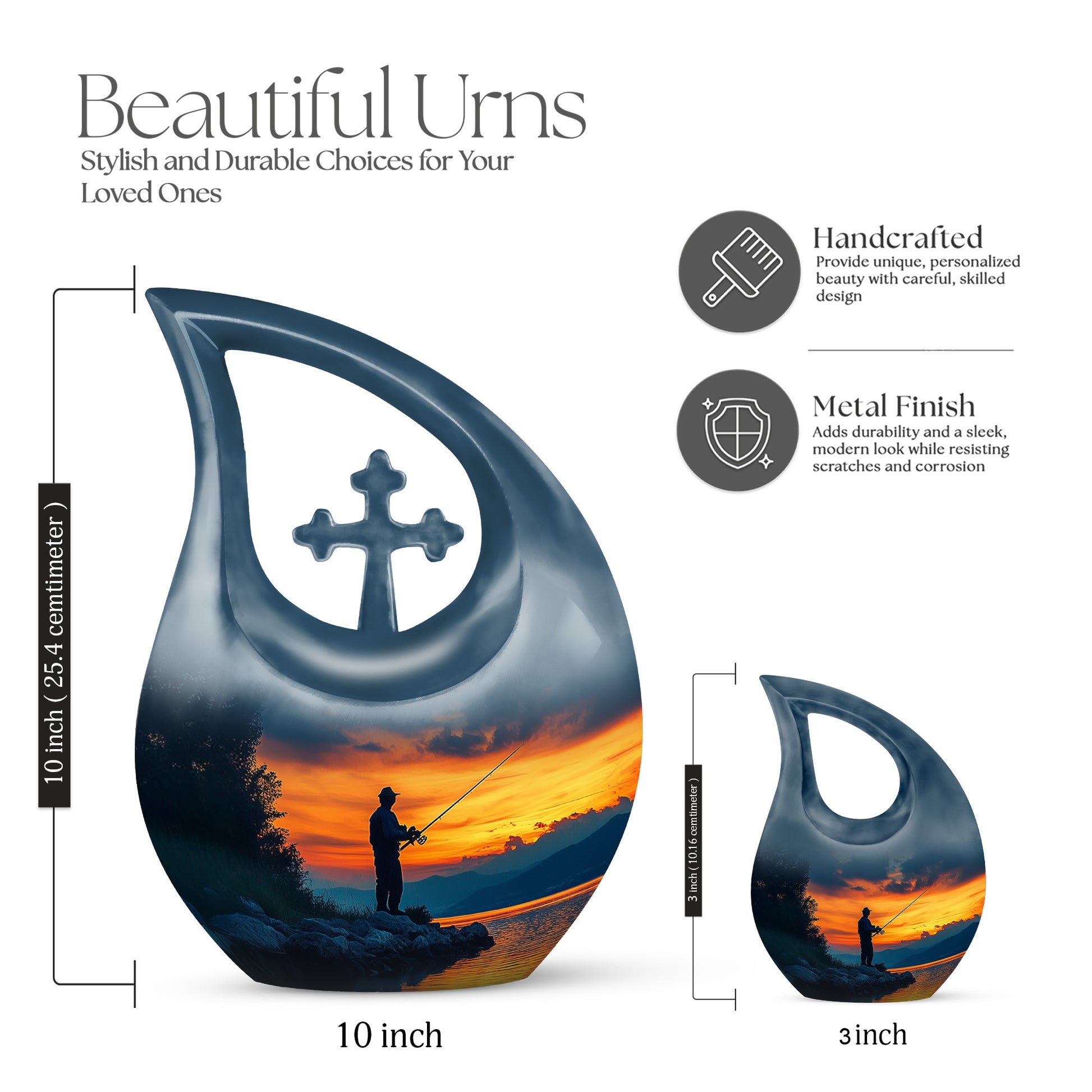 Sapphire Blue Fishing Cremation Urn back view with polished surface - devotional cross-drop fishing engraving - mini keepsake memorial for portion of cremation ashes