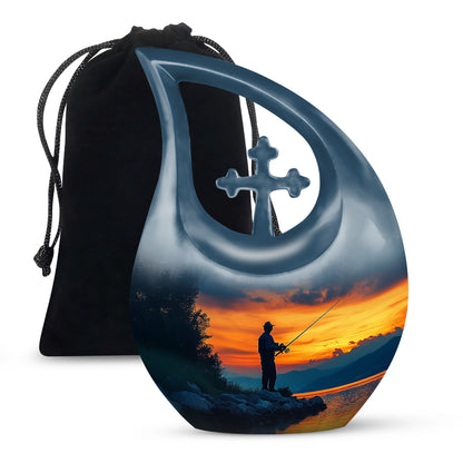 Vivid Blue Fishing Cremation Urn top-down view of secure threaded lid - devotional cross-drop fishing engraving - full-size 10 inch 200 cubic inch adult cremation urn