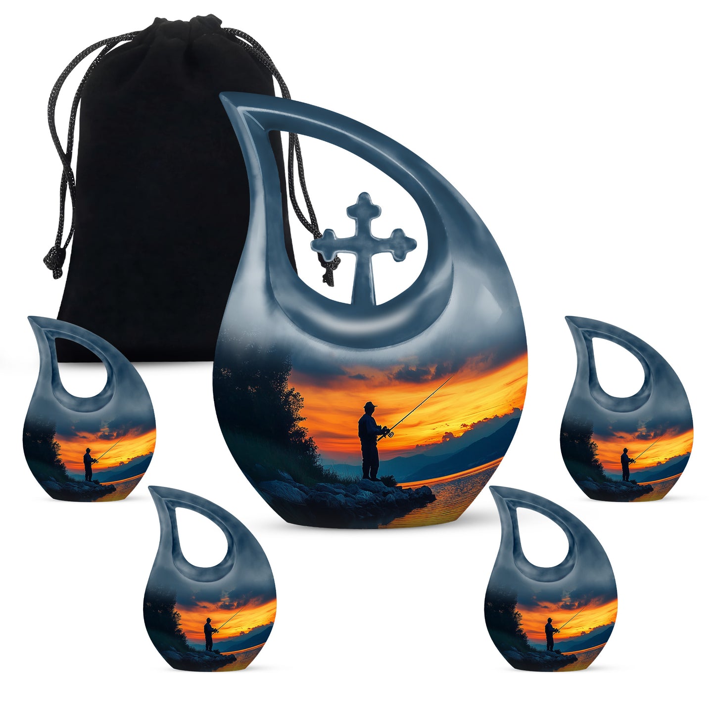 Sky Blue Fishing Cremation Urn urn with complimentary velvet bag - sacred cross merged with fishing motif on metal - memorial set with one large and four small urns