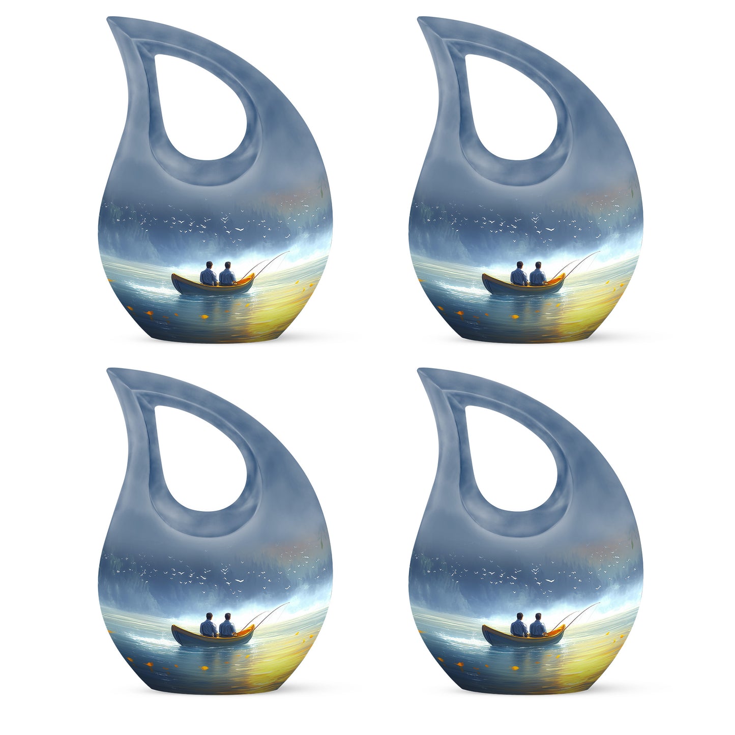 Soft Blue Fishing Cremation Urn lifestyle display on memorial shelf - devotional cross-drop fishing engraving - 10 inch aluminum urn for cremated remains