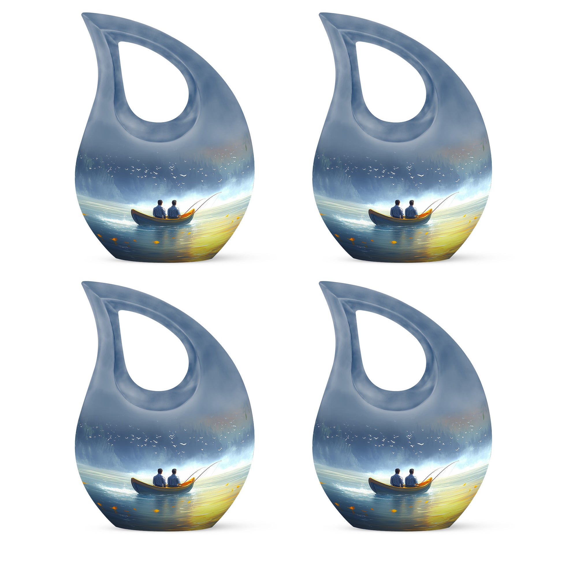 Soft Blue Fishing Cremation Urn lifestyle display on memorial shelf - devotional cross-drop fishing engraving - 10 inch aluminum urn for cremated remains