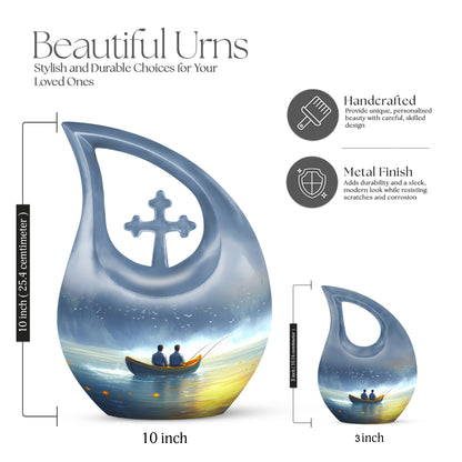 Slate Blue Fishing Cremation Urn back view with polished surface - cross and fishing combined in spiritual memorial design - mini keepsake memorial for portion of cremation ashes
