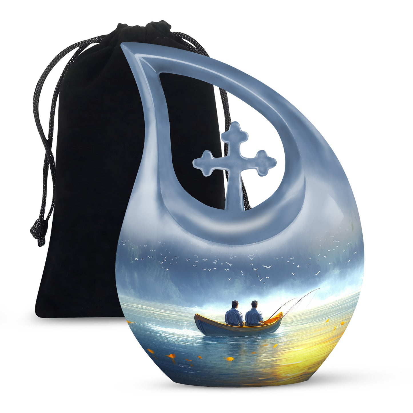 Vivid Blue Fishing Cremation Urn top-down view of secure threaded lid - devotional cross-drop fishing engraving - full-size 10 inch 200 cubic inch adult cremation urn