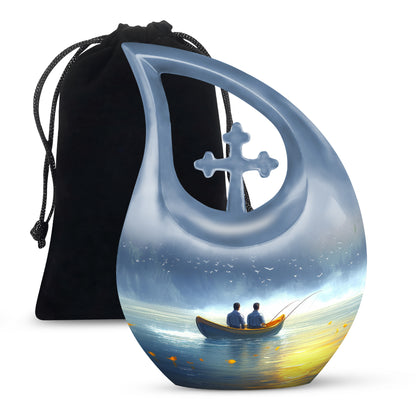 Vivid Blue Fishing Cremation Urn top-down view of secure threaded lid - devotional cross-drop fishing engraving - full-size 10 inch 200 cubic inch adult cremation urn