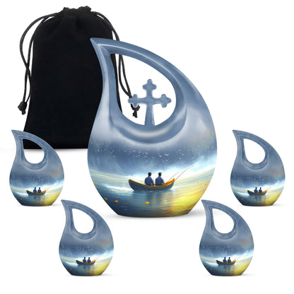 Powder Blue Fishing Cremation Urn urn with complimentary velvet bag - cross and fishing combined in spiritual memorial design - memorial set with one large and four small urns