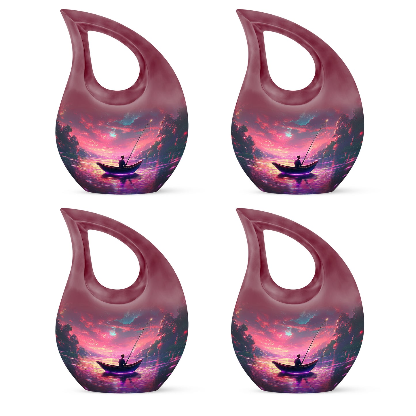 Peony Pink Fishing Cremation Urn lifestyle display on memorial shelf - sacred cross merged with fishing motif on metal - 10 inch aluminum urn for cremated remains