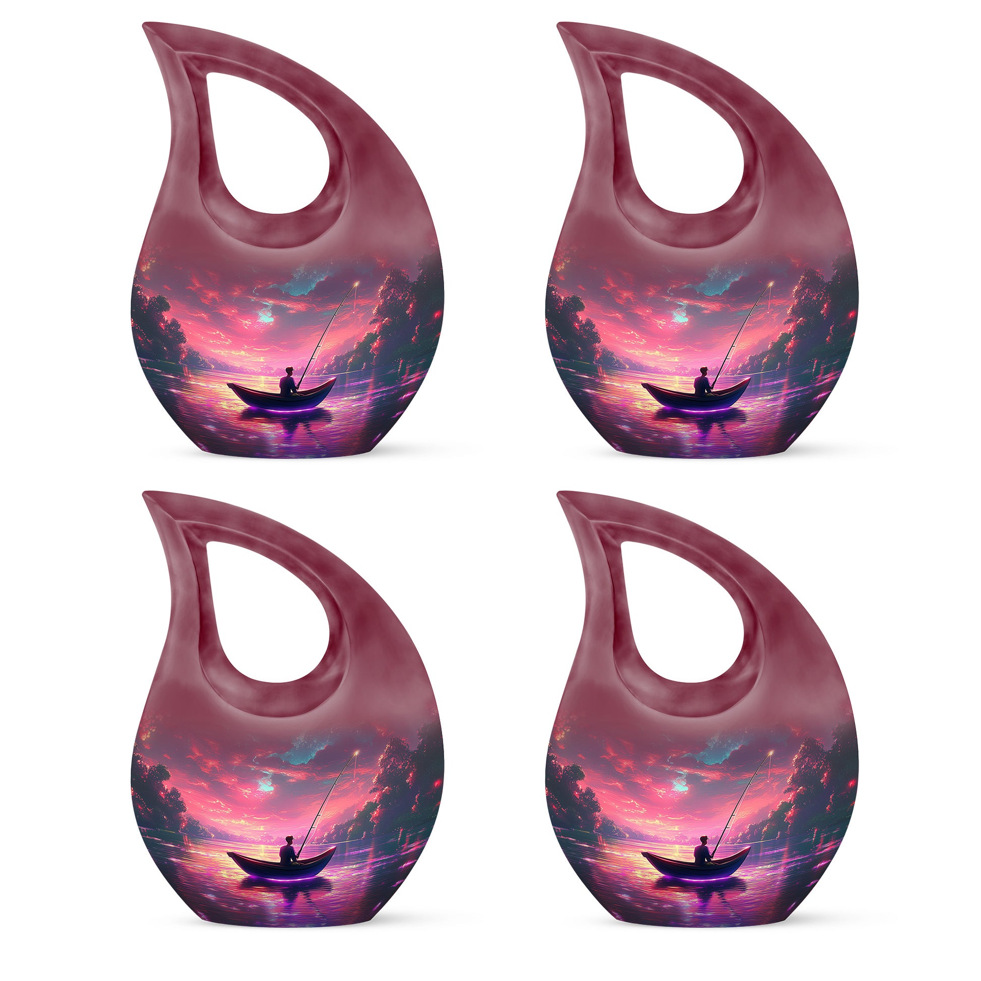 Peony Pink Fishing Cremation Urn lifestyle display on memorial shelf - sacred cross merged with fishing motif on metal - 10 inch aluminum urn for cremated remains