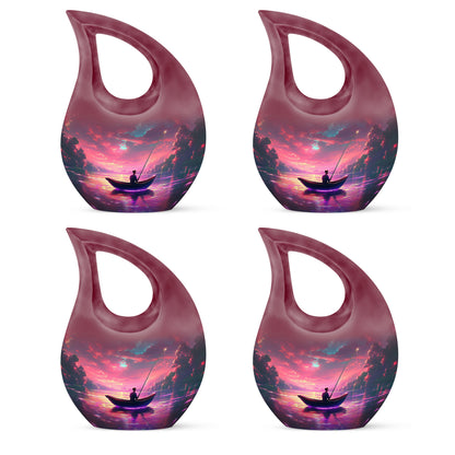 Peony Pink Fishing Cremation Urn lifestyle display on memorial shelf - sacred cross merged with fishing motif on metal - 10 inch aluminum urn for cremated remains