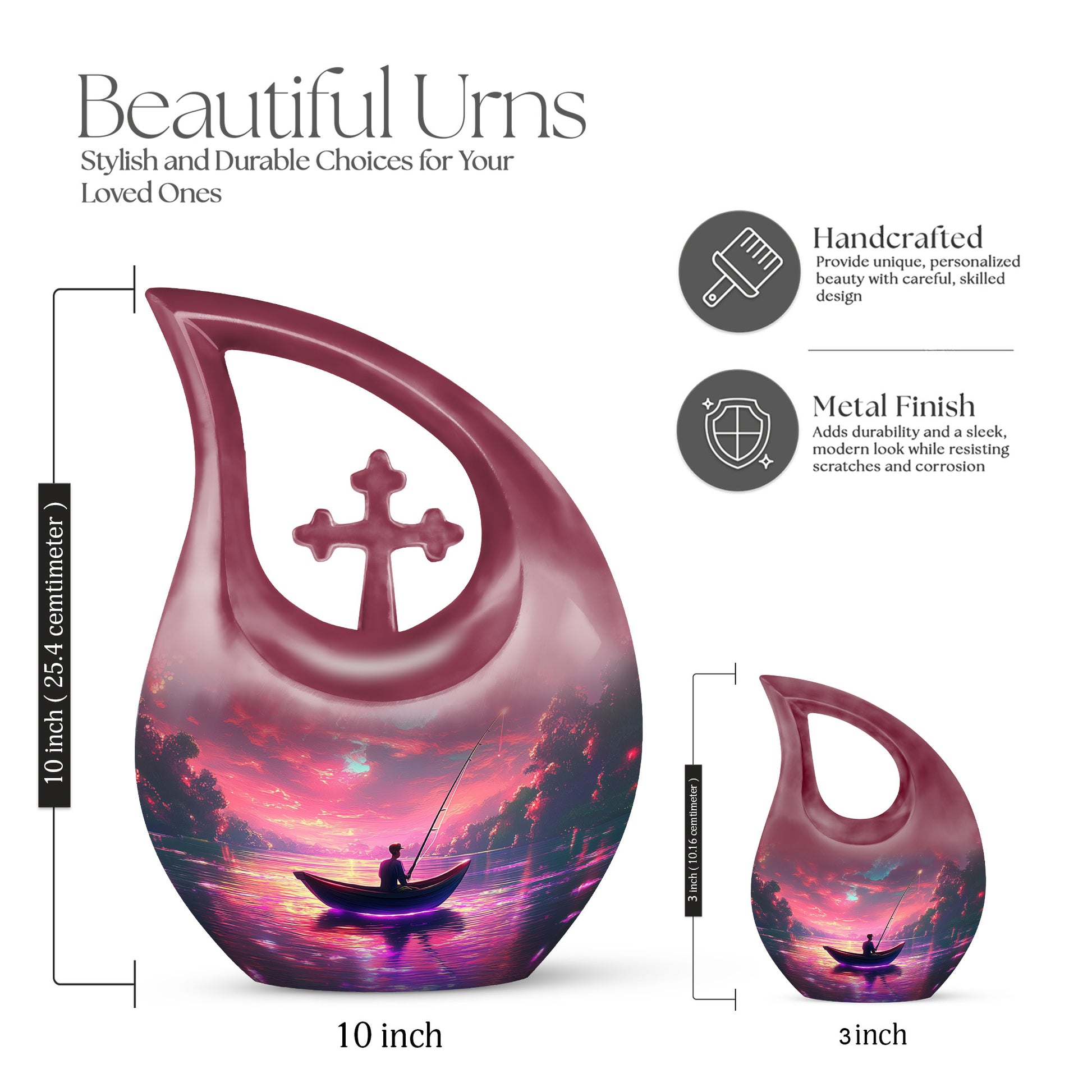 Coral Pink Fishing Cremation Urn back view with polished surface - cross and fishing combined in spiritual memorial design - mini keepsake memorial for portion of cremation ashes