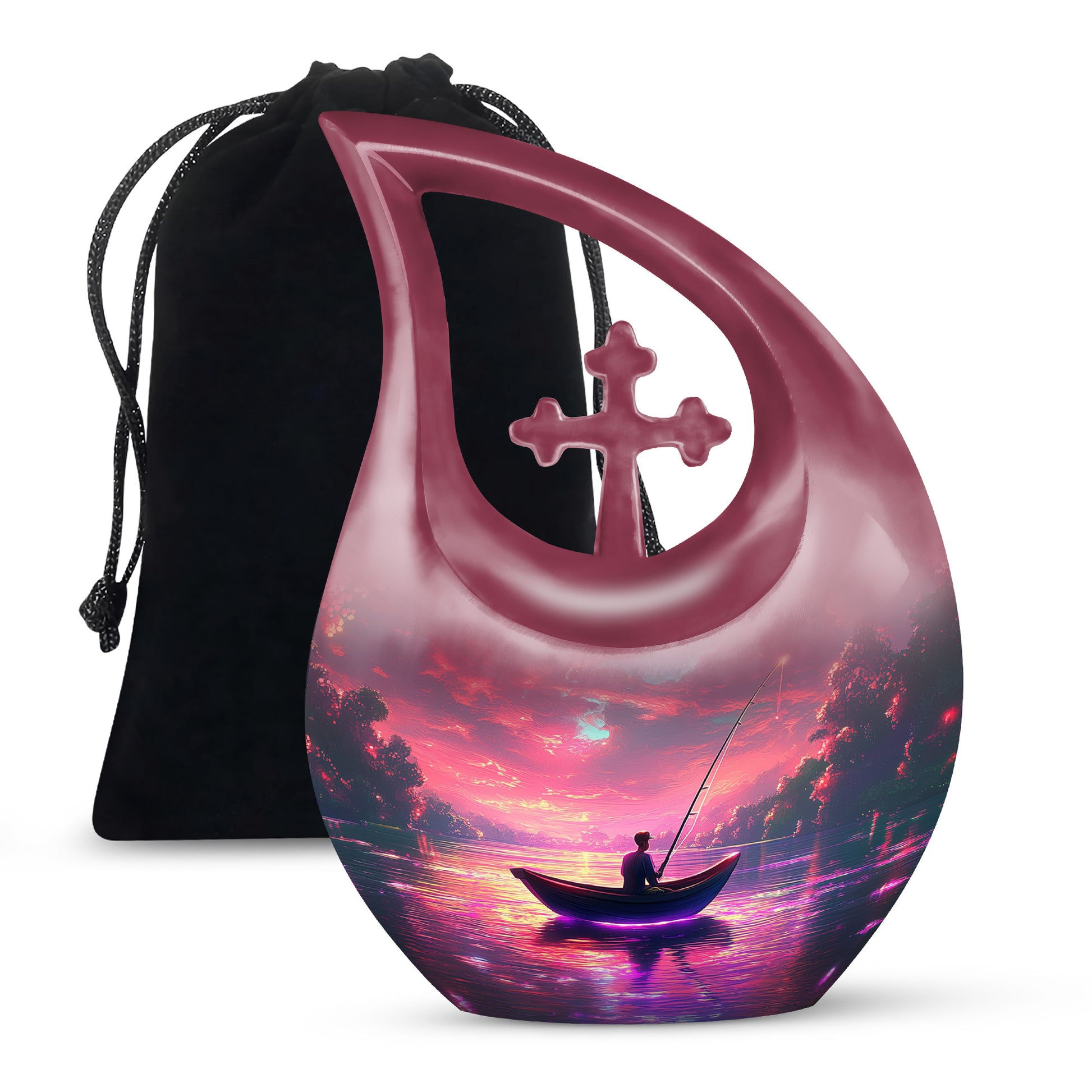 Peony Pink Fishing Cremation Urn top-down view of secure threaded lid - sacred cross merged with fishing motif on metal - full-size 10 inch 200 cubic inch adult cremation urn