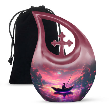 Peony Pink Fishing Cremation Urn top-down view of secure threaded lid - sacred cross merged with fishing motif on metal - full-size 10 inch 200 cubic inch adult cremation urn