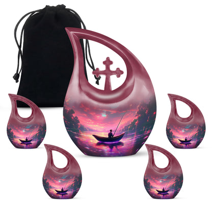 Salmon Pink Fishing Cremation Urn urn with complimentary velvet bag - faith-inspired cross-drop urn with fishing pattern - memorial set with one large and four small urns