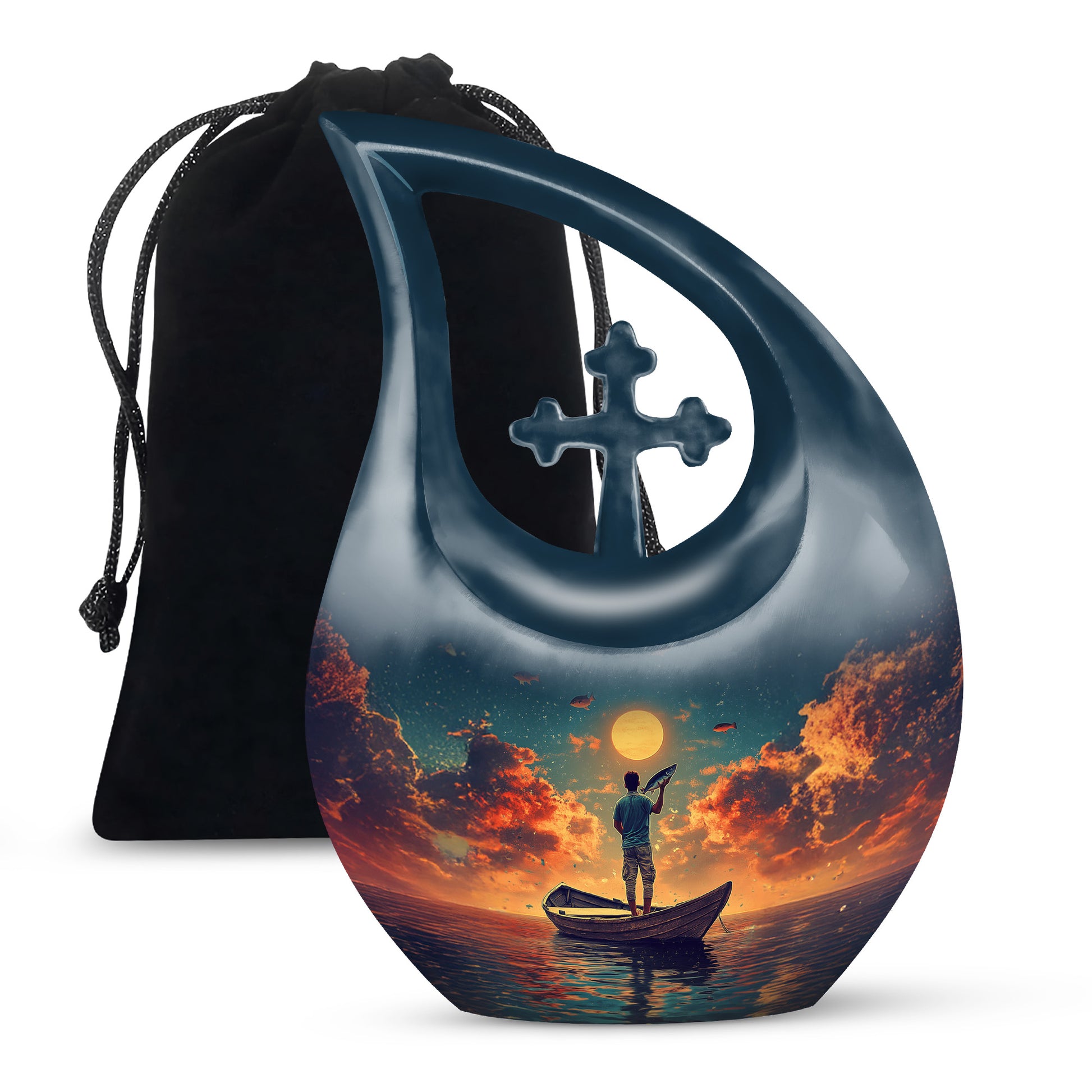 Tropical Teal Fishing Cremation Urn top-down view of secure threaded lid - devotional cross-drop fishing engraving - full-size 10 inch 200 cubic inch adult cremation urn