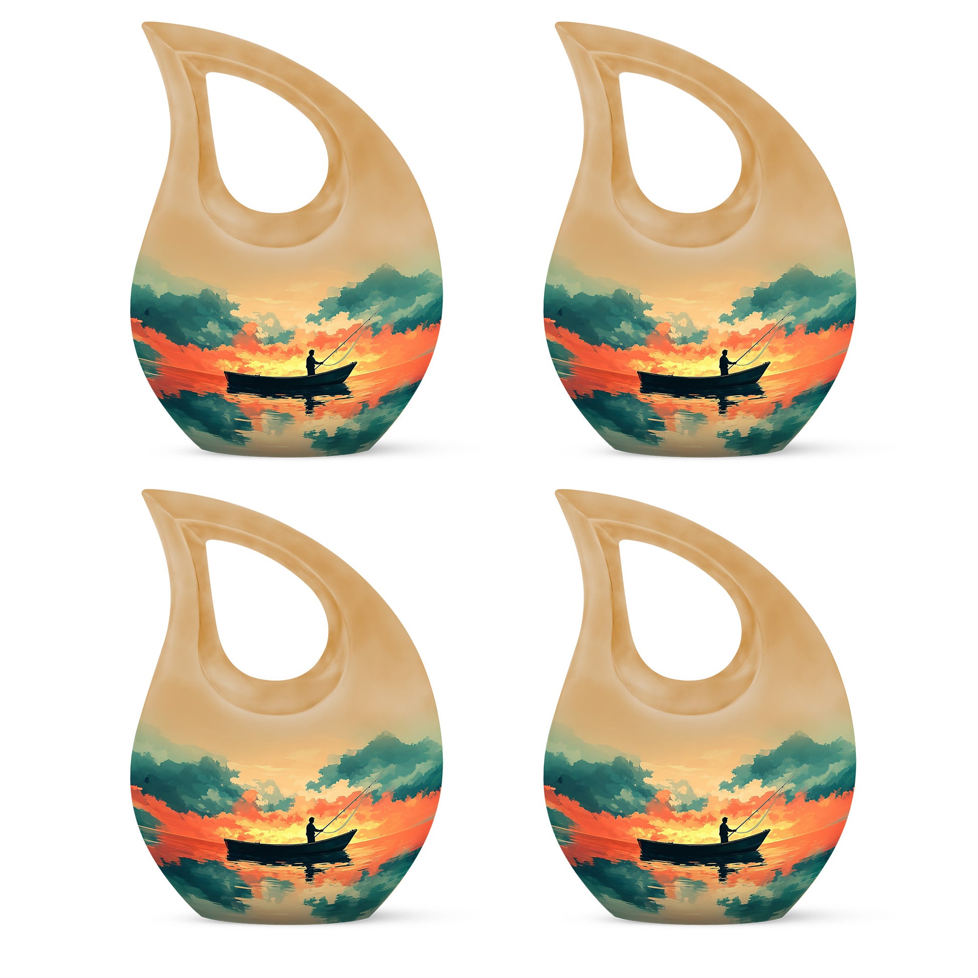 Warm Gold Fishing Cremation Urn lifestyle display on memorial shelf - devotional cross-drop fishing engraving - 10 inch aluminum urn for cremated remains