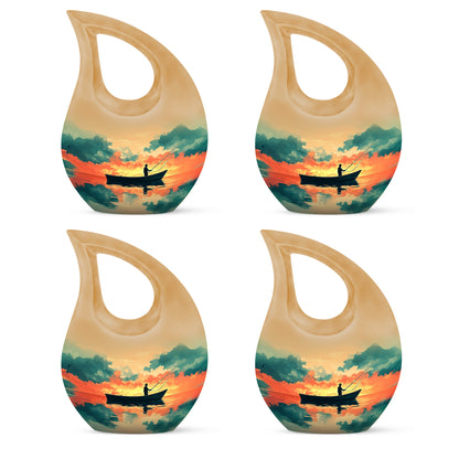 Warm Gold Fishing Cremation Urn lifestyle display on memorial shelf - devotional cross-drop fishing engraving - 10 inch aluminum urn for cremated remains