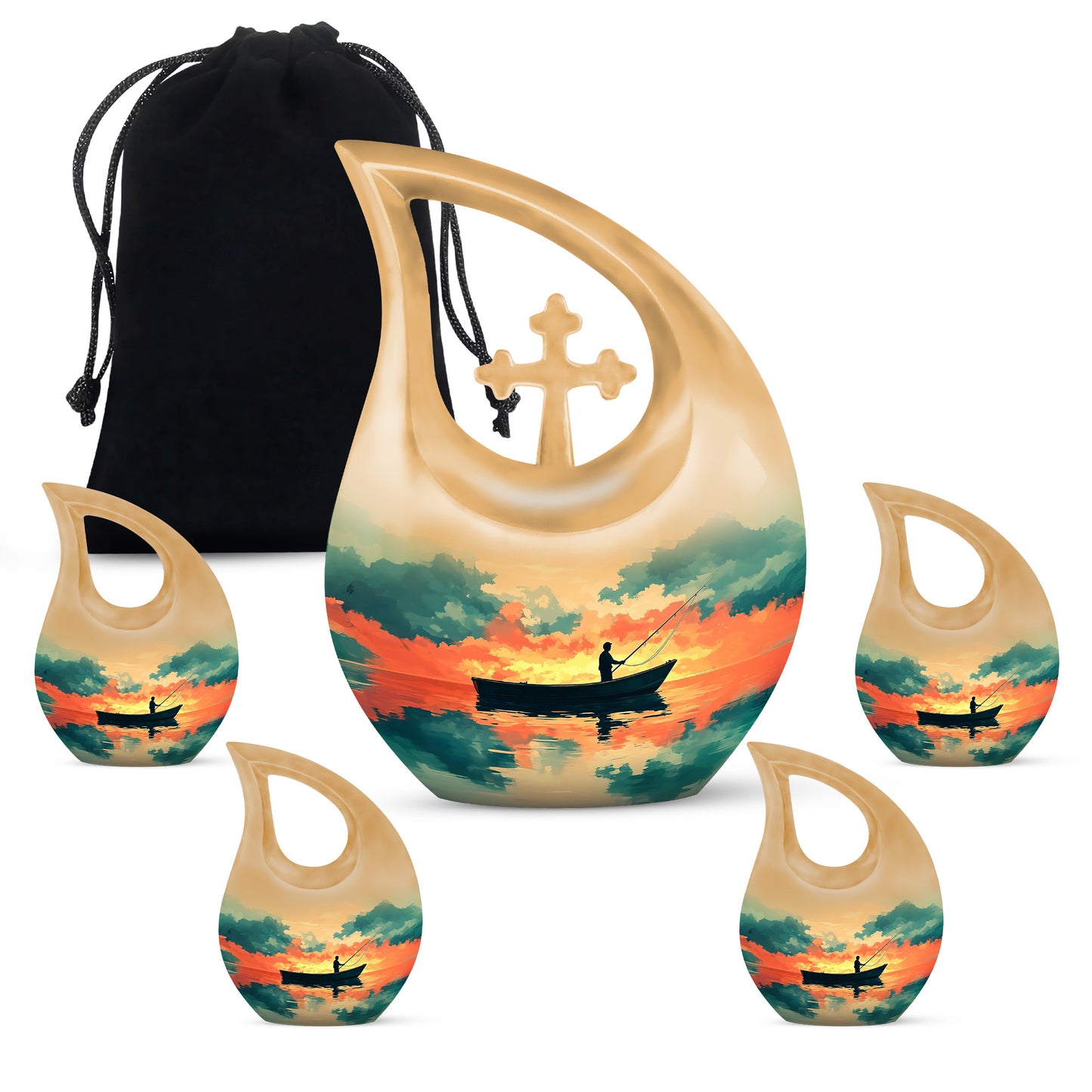 Burnished Gold Fishing Cremation Urn urn with complimentary velvet bag - faith-inspired cross-drop urn with fishing pattern - memorial set with one large and four small urns