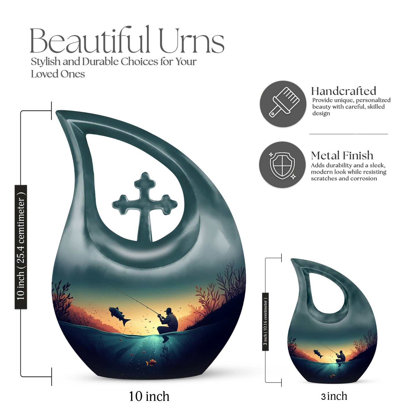 Tropical Teal Fishing Cremation Urn back view with polished surface - faith-inspired cross-drop urn with fishing pattern - mini keepsake memorial for portion of cremation ashes