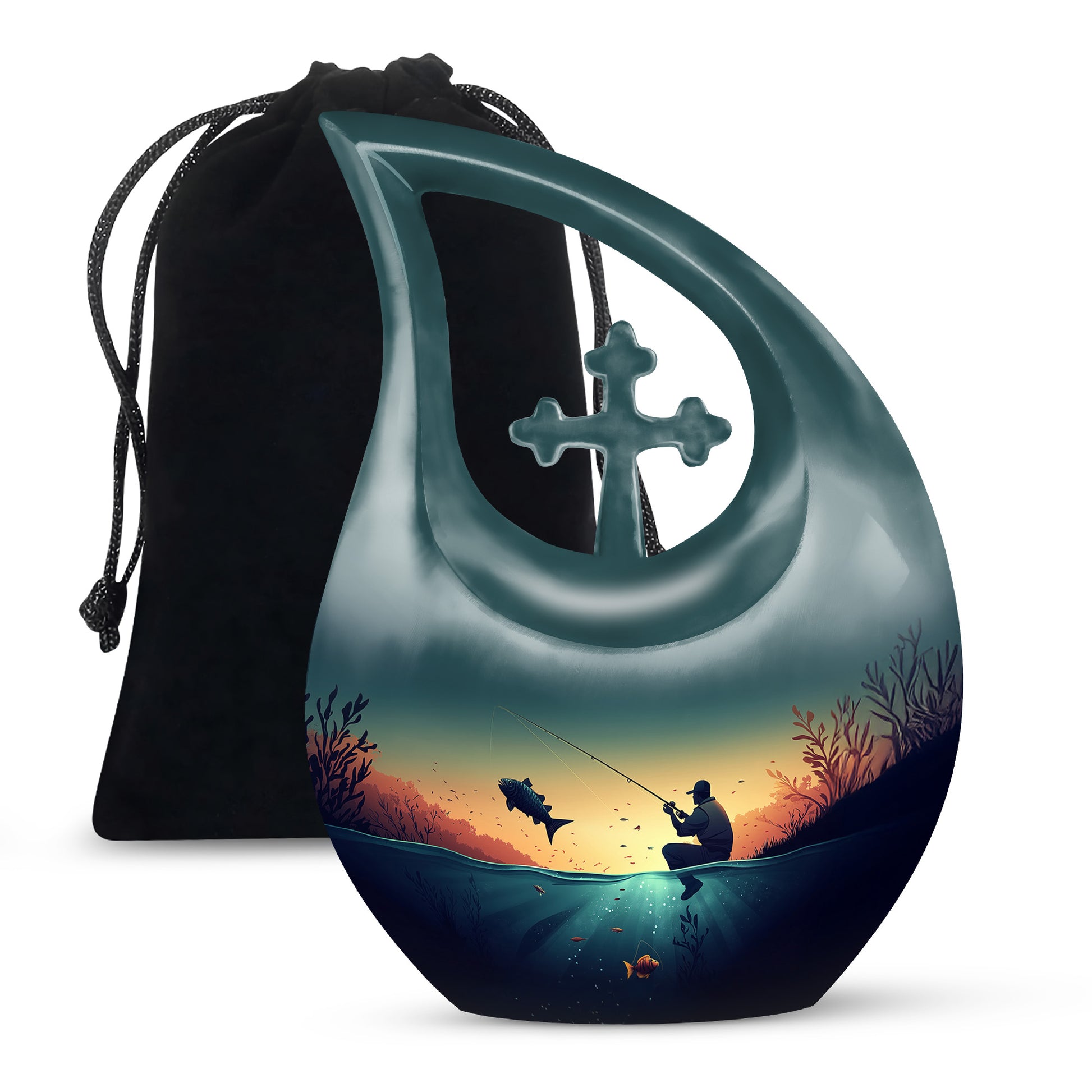 Deep Teal Fishing Cremation Urn top-down view of secure threaded lid - faith-inspired cross-drop urn with fishing pattern - full-size 10 inch 200 cubic inch adult cremation urn