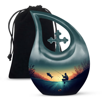 Deep Teal Fishing Cremation Urn top-down view of secure threaded lid - faith-inspired cross-drop urn with fishing pattern - full-size 10 inch 200 cubic inch adult cremation urn