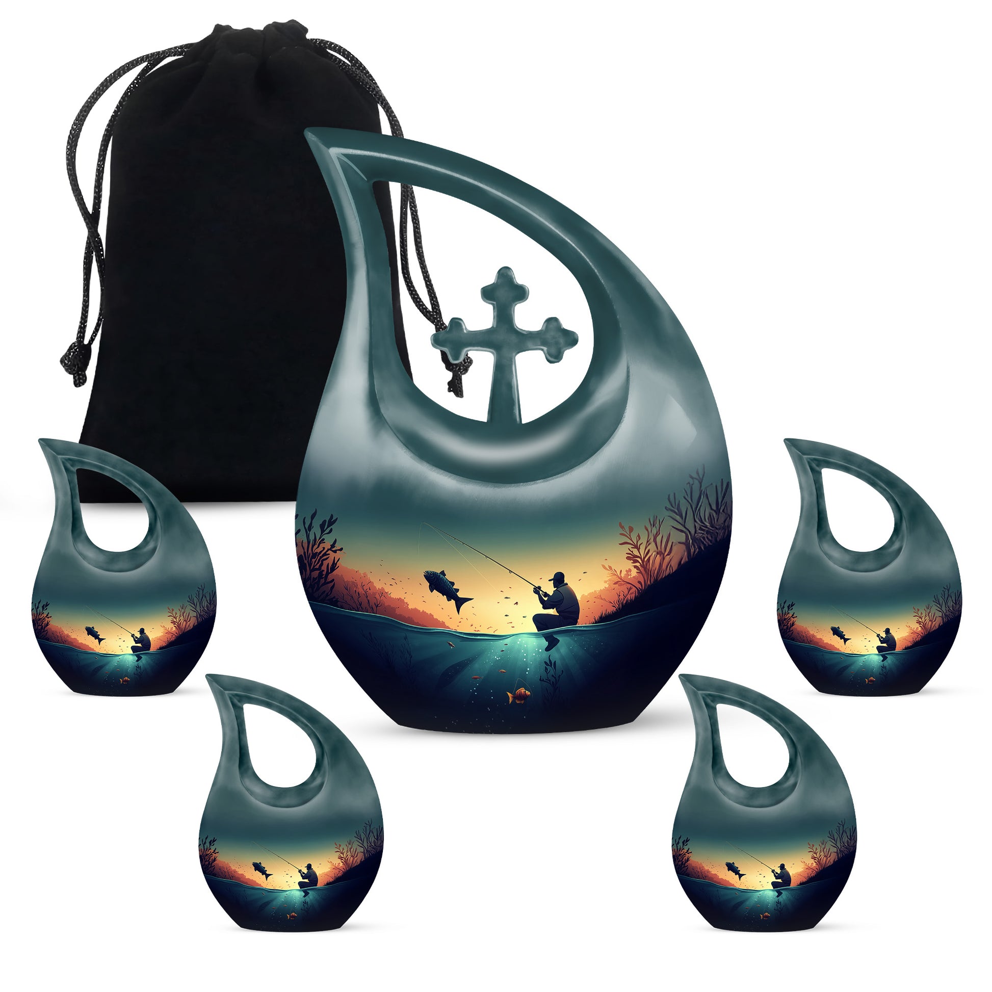 Deep Teal Fishing Cremation Urn urn with complimentary velvet bag - devotional cross-drop fishing engraving - memorial set with one large and four small urns