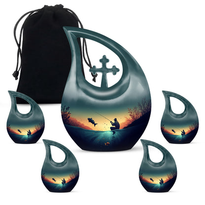 Deep Teal Fishing Cremation Urn urn with complimentary velvet bag - devotional cross-drop fishing engraving - memorial set with one large and four small urns
