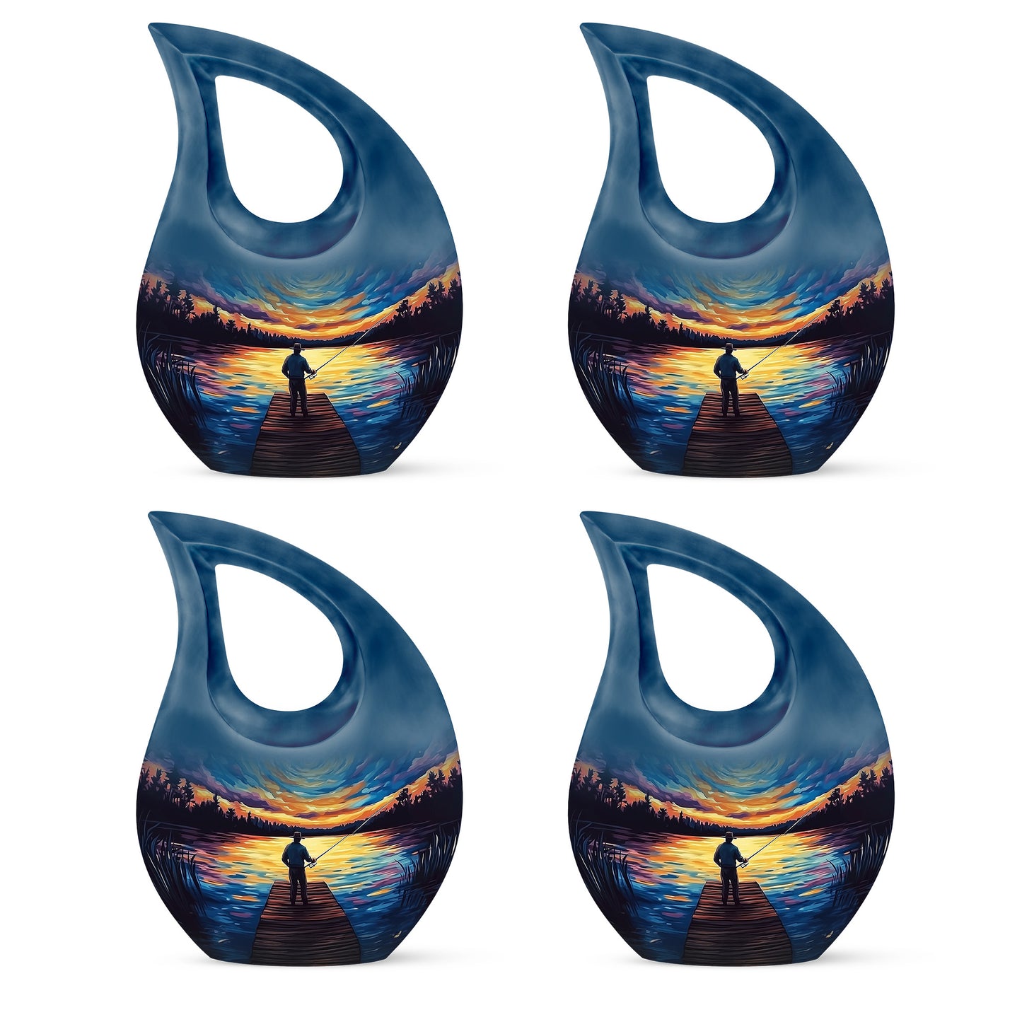 Cornflower Blue Fishing Cremation Urn lifestyle display on memorial shelf - devotional cross-drop fishing engraving - 10 inch aluminum urn for cremated remains