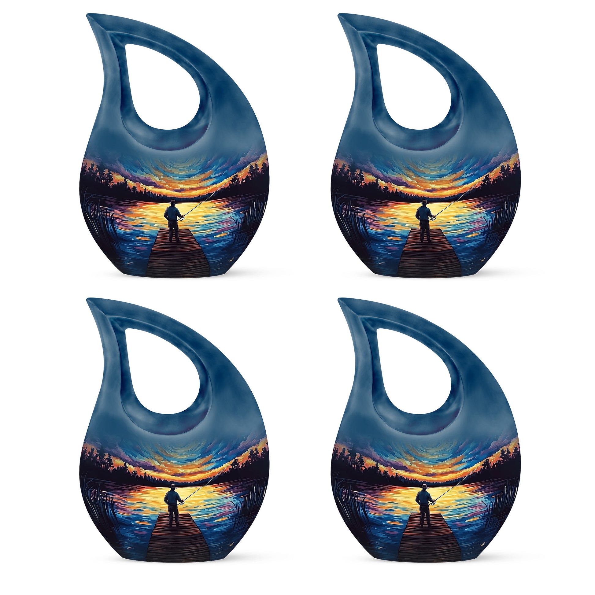 Cornflower Blue Fishing Cremation Urn lifestyle display on memorial shelf - devotional cross-drop fishing engraving - 10 inch aluminum urn for cremated remains