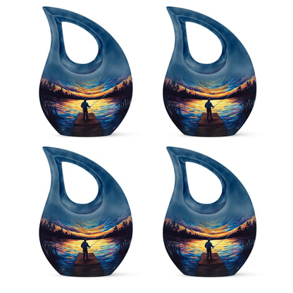 Cornflower Blue Fishing Cremation Urn lifestyle display on memorial shelf - devotional cross-drop fishing engraving - 10 inch aluminum urn for cremated remains