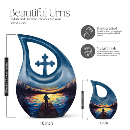 Slate Blue Fishing Cremation Urn back view with polished surface - sacred cross merged with fishing motif on metal - mini keepsake memorial for portion of cremation ashes
