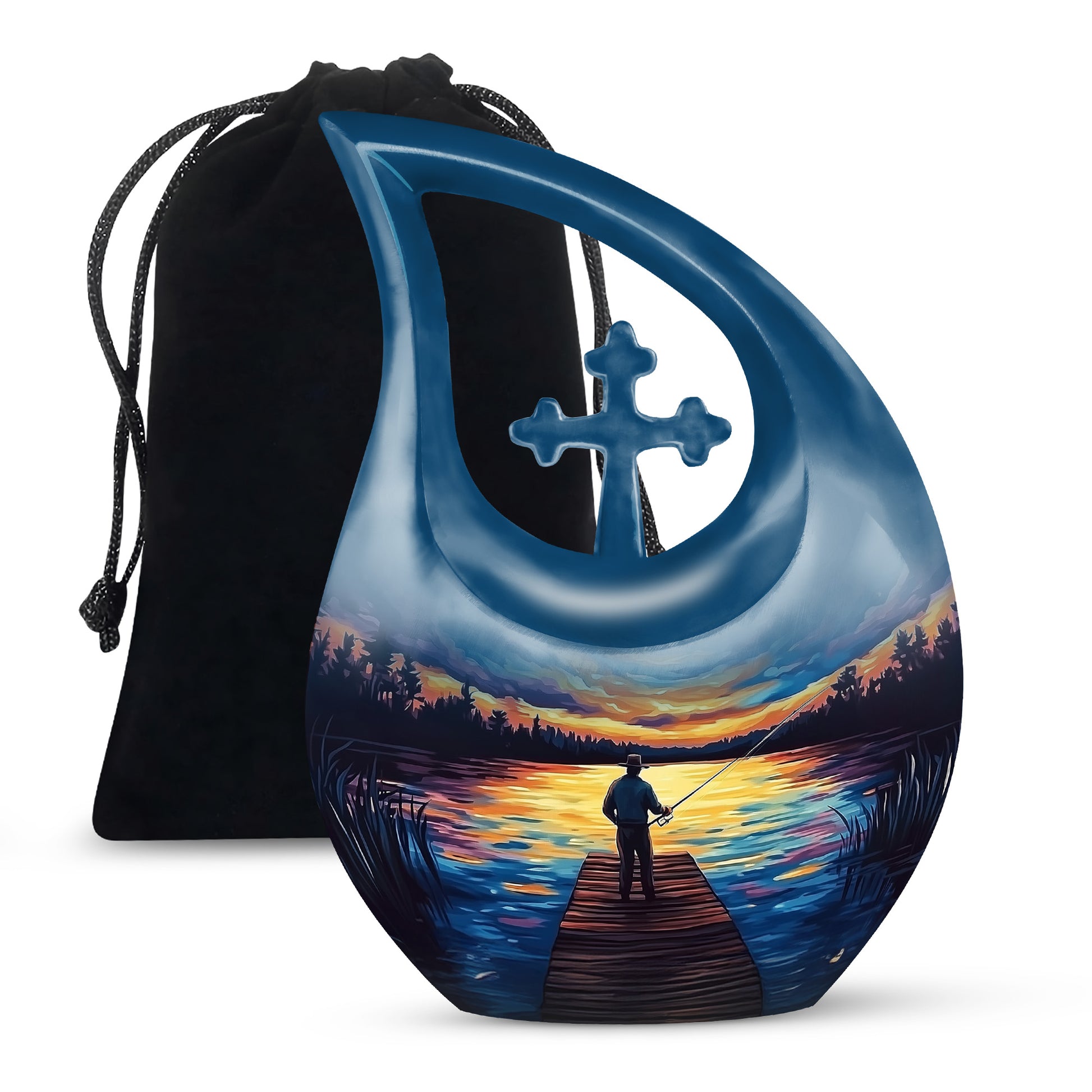Cornflower Blue Fishing Cremation Urn top-down view of secure threaded lid - devotional cross-drop fishing engraving - full-size 10 inch 200 cubic inch adult cremation urn
