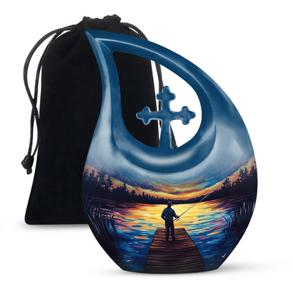 Cornflower Blue Fishing Cremation Urn top-down view of secure threaded lid - devotional cross-drop fishing engraving - full-size 10 inch 200 cubic inch adult cremation urn