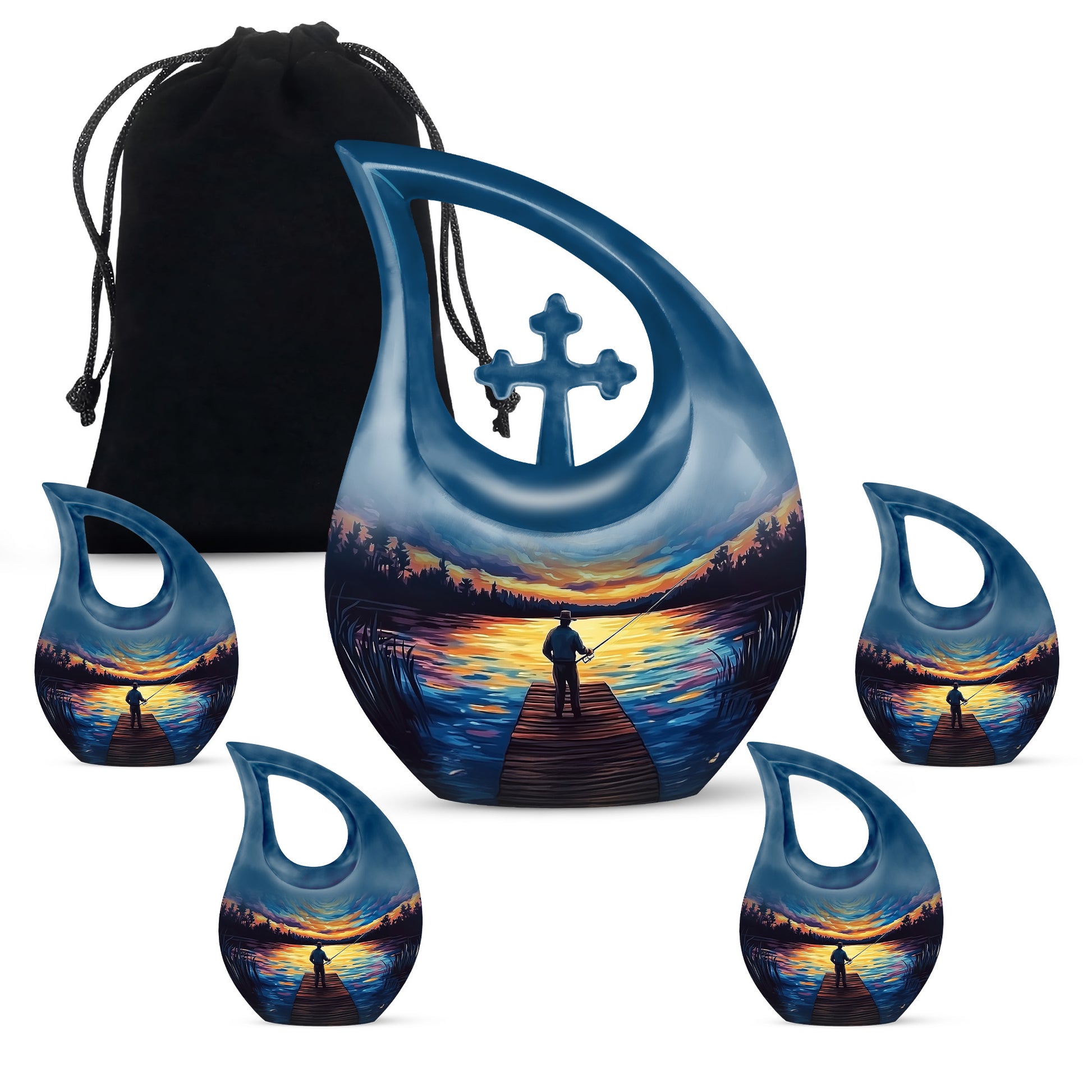 Cornflower Blue Fishing Cremation Urn urn with complimentary velvet bag - devotional cross-drop fishing engraving - memorial set with one large and four small urns
