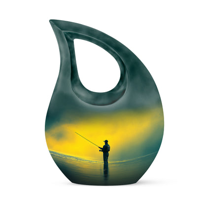 Resplendent Gold Fishing Cremation Urn for Ashes - 10-inch, 200 cu in - Yatskia