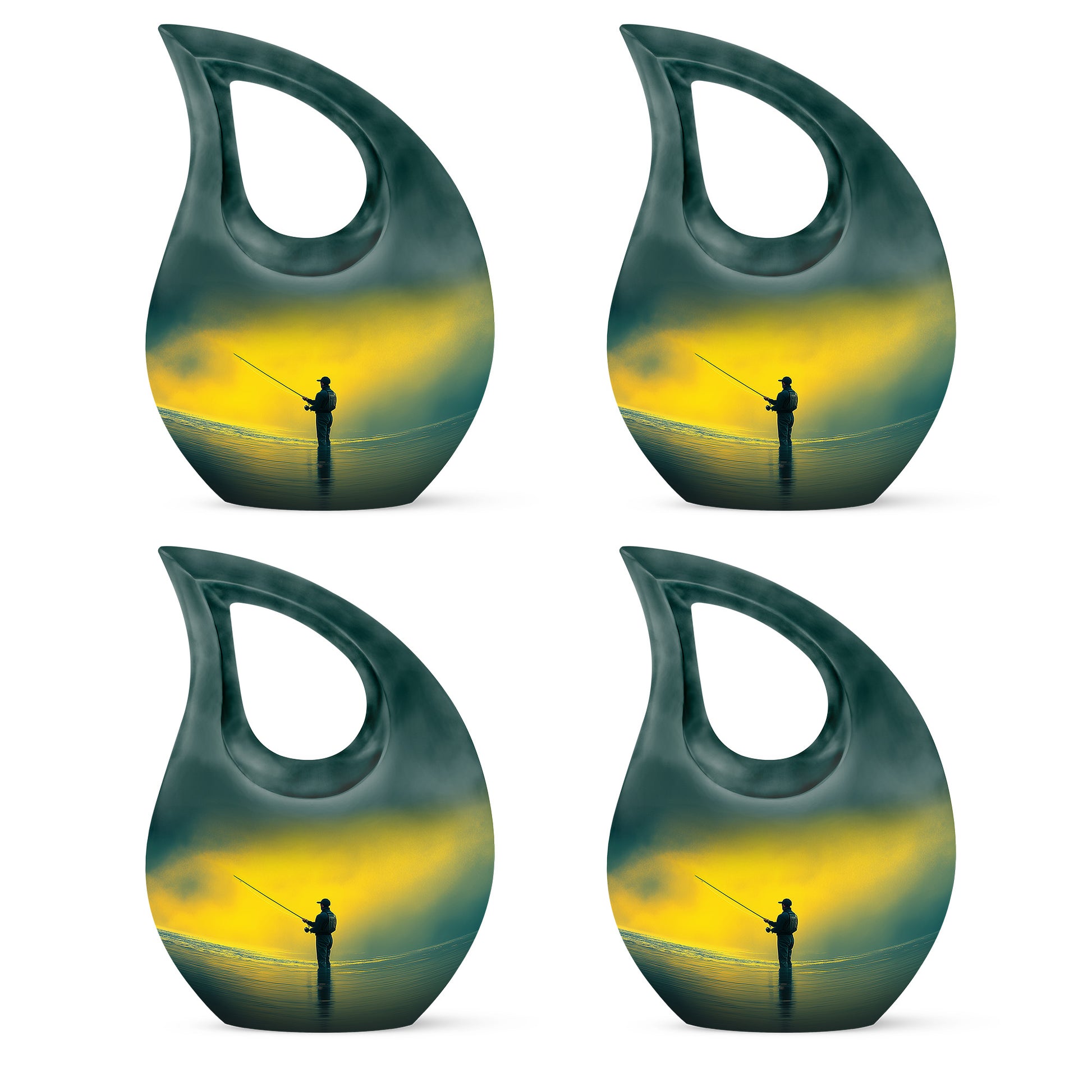 Royal Gold Fishing Cremation Urn lifestyle display on memorial shelf - faith-inspired cross-drop urn with fishing pattern - 10 inch aluminum urn for cremated remains